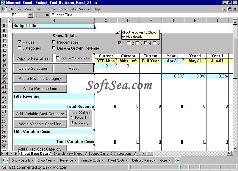 Budget Tool Business Excel Screenshot