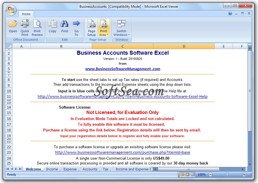 Business Accounts Software Excel Screenshot