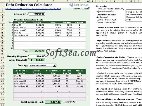 Debt Reduction Calculator Screenshot
