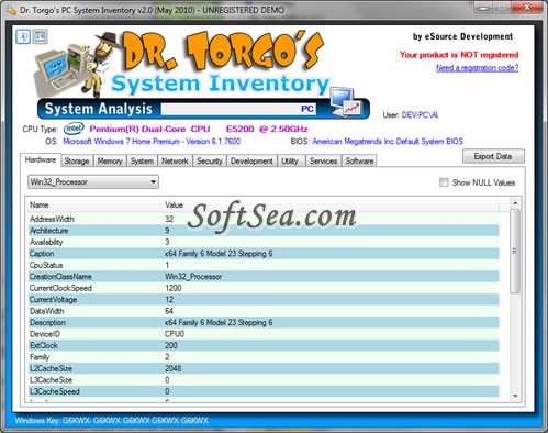 Dr. Torgos PC System Inventory Screenshot