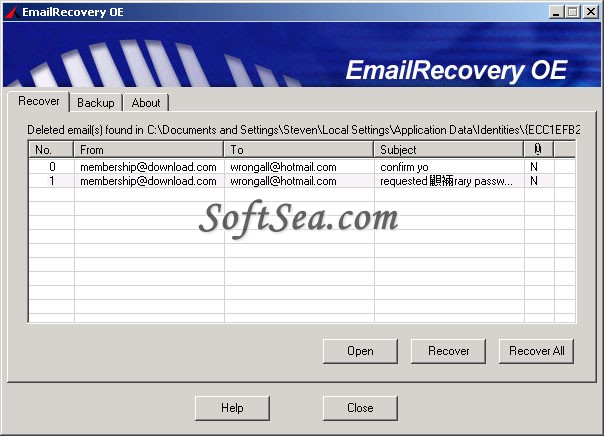 EmailRecovery OE Screenshot