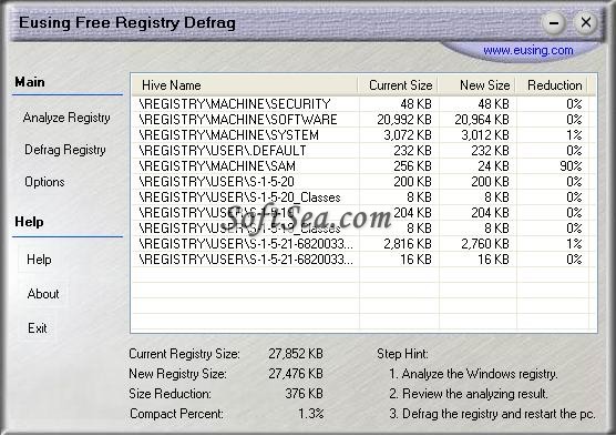 Eusing Free Registry Defrag Screenshot