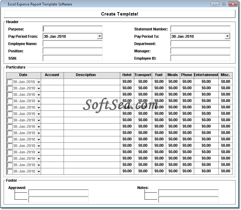 Excel Expense Report Template Software Screenshot