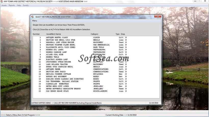 Historical Asset Register Screenshot