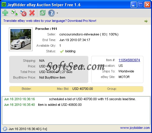 JoyBidder eBay Auction Sniper Free Screenshot