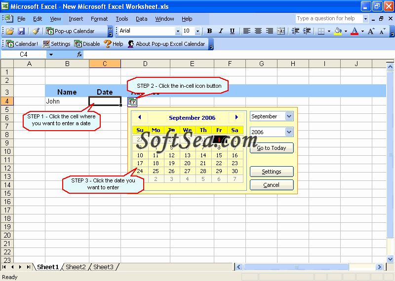 Pop-up Excel Calendar Screenshot