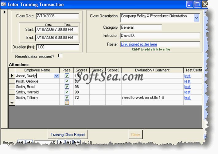 SBS Training Database Screenshot