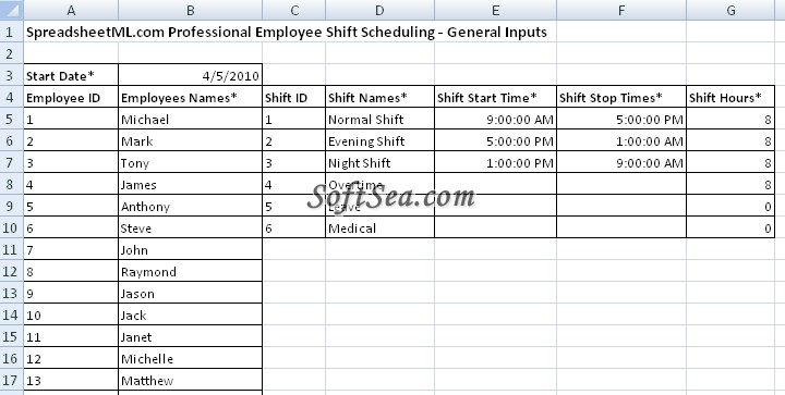 Shift Scheduler Spreadsheet Screenshot