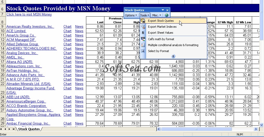 Stock Quotes for Excel Screenshot
