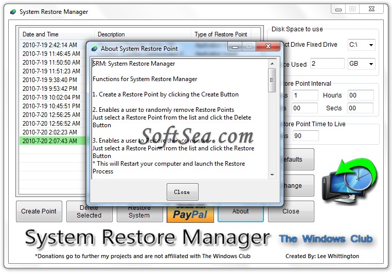 System Restore Manager Screenshot