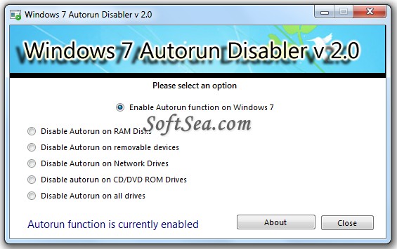 Windows 7 Autorun Disabler Screenshot
