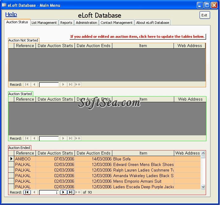 eLoft Database Screenshot